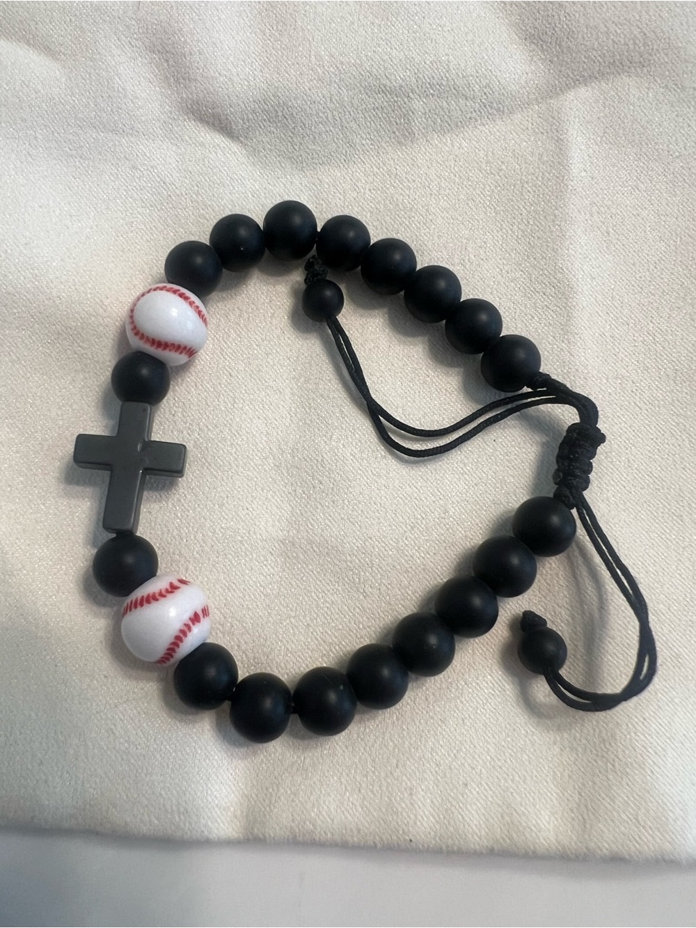 Black Beaded Baseball Cross Bracelet